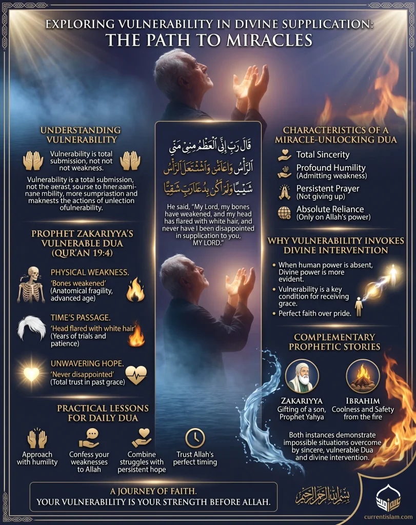 Infographic titled Exploring Vulnerability in Divine Supplication detailing the physical weakness, unwavering hope, and practical lessons from Prophet Zakariyya's dua in Surah Maryam Ayat 4.