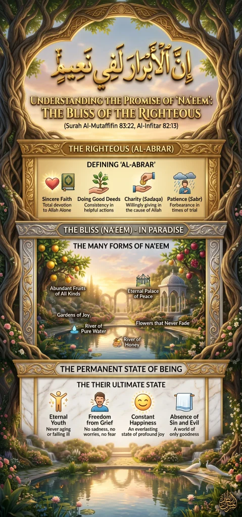 Educational Islamic infographic titled 'Understanding the Promise of Na'eem: The Bliss of the Righteous' explaining the Quranic verse Innal abrara lafi naim (Surah Al-Mutaffifin 83:22, Al-Infitar 82:13) under golden Arabic calligraphy. The guide is structured into three sections: 1. Defining 'Al-Abrar' (The Righteous) as those with Sincere Faith, Doing Good Deeds, Sadaqa (Charity), and Sabr (Patience). 2. A visual depiction of 'The Bliss in Paradise' illustrating Jannah's environment with abundant fruits, an eternal palace of peace, gardens of joy, and rivers of pure water and honey. 3. 'The Permanent State of Being' which details the ultimate psychological and physical rewards: eternal youth, freedom from grief, constant happiness, and the absence of sin and evil.