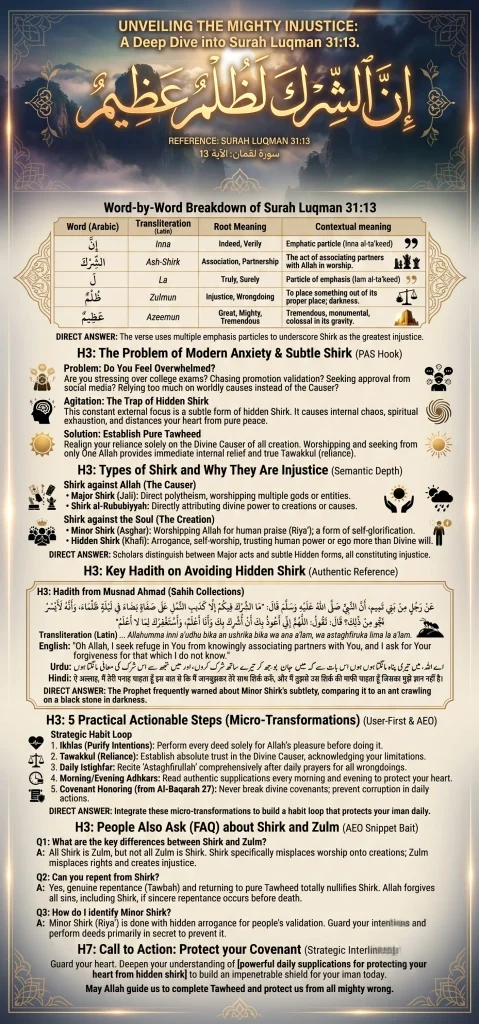 A detailed Islamic infographic explaining the Quranic verse Innal shirka lazulum azim from Surah Luqman 31:13. It includes a word-by-word Arabic translation, definitions of major and minor Shirk, a relevant Hadith, and practical actionable steps to protect one's faith.