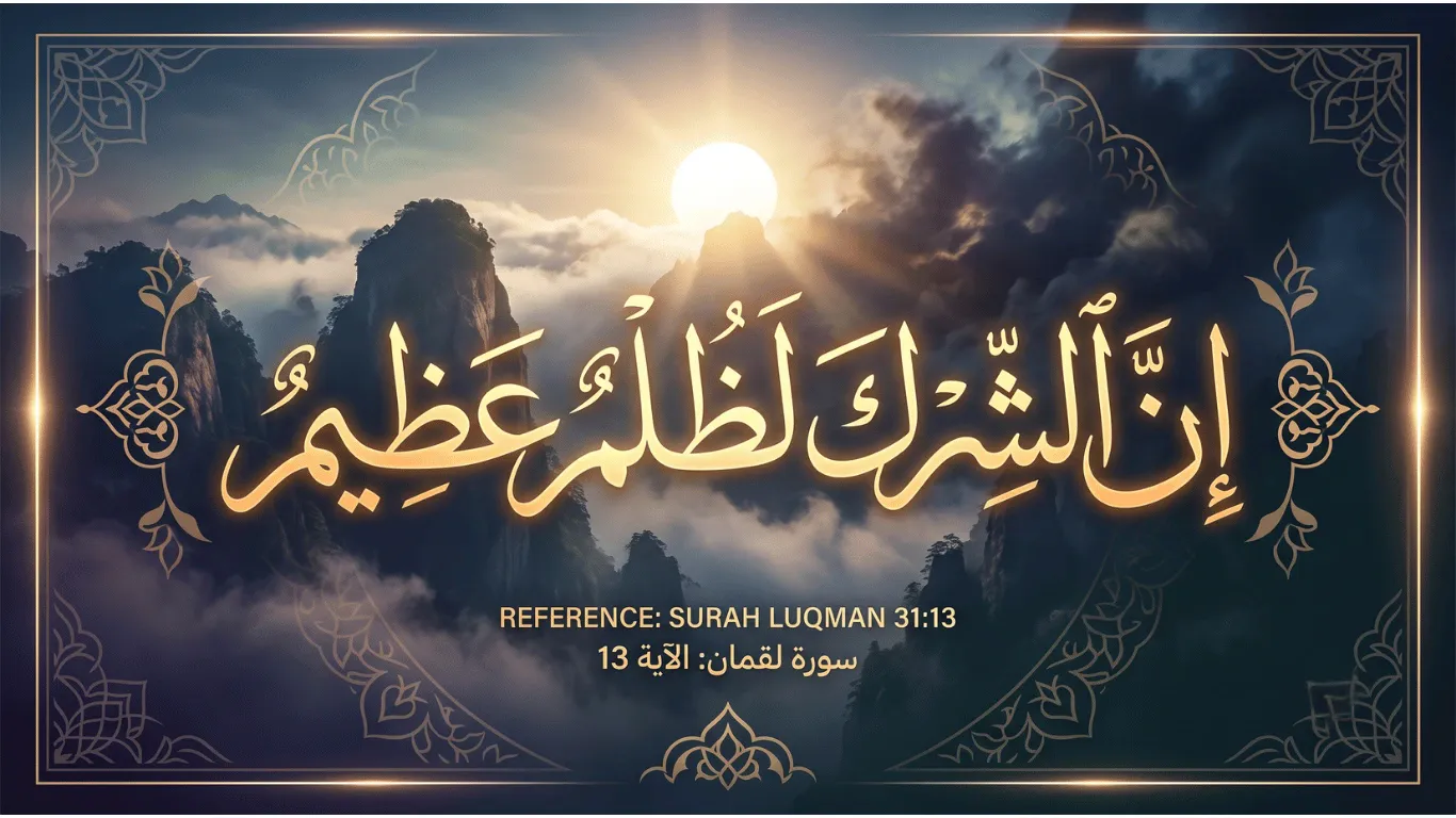Golden Arabic calligraphy of Innal shirka lazulum azim from Surah Luqman verse 13, set against a glowing sunrise and majestic mountain background.