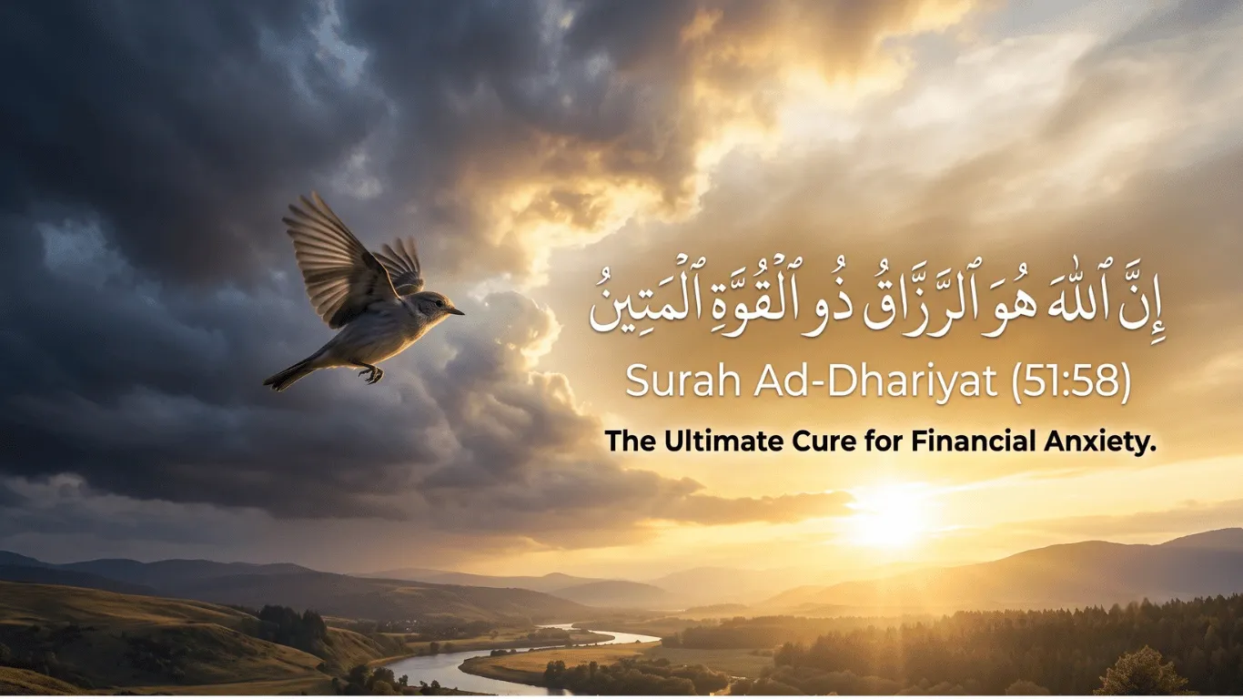 A bird flying toward a golden sunrise with the Arabic calligraphy for Innallaha huwarrozzaqu zul quwwatil mateen, symbolizing perfect trust in Allah for daily Rizq.