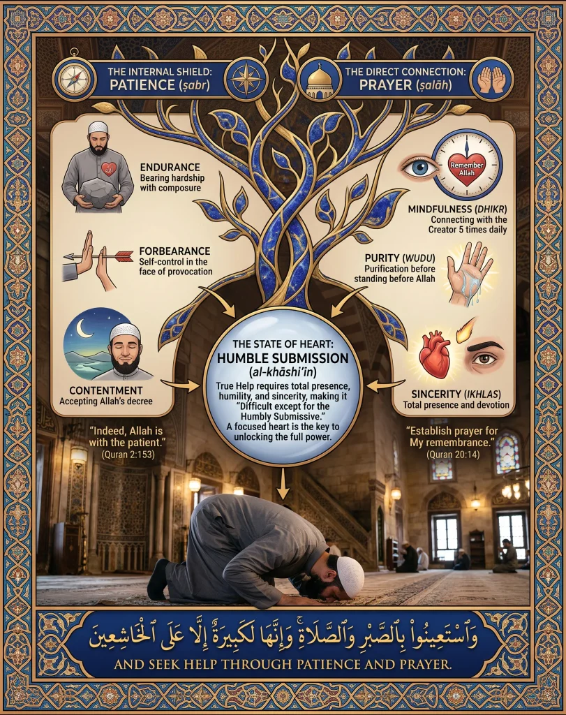 A comprehensive Islamic flowchart infographic with decorative borders. At the top, two panels introduce 'THE INTERNAL SHIELD: PATIENCE (şabr)' and 'THE DIRECT CONNECTION: PRAYER (şalāh)'. A tree-like structure branches out to supporting concept panels, with each virtue described. On the left: 'ENDURANCE' (man with stone), 'FORBEARANCE' (man with handshake), 'CONTENTMENT' (man with crescent moon). On the right: 'MINDFULNESS (DHIKR)' (eye and heart), 'PURITY (WUDU)' (washing hands), 'SINCERITY (IKHLAS)' (burning heart). A central circle panel is labeled 'THE STATE OF HEART: HUMBLE SUBMISSION (al-khāshi'īn)'. Arrows show all virtues flowing towards this central state. Below, a man prostrates in a mosque beneath large golden Arabic script of Quran 2:45 and its English translation: 'AND SEEK HELP THROUGH PATIENCE AND PRAYER.' cited 'SURAH AL-BAQARAH | VERSE 45'. Citations for Quran 2:153 and 20:14 are on small side panels.