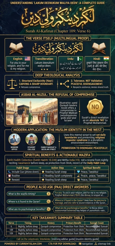 Comprehensive infographic explaining the Quranic verse Lakum deenukum waliya deen, including English, Urdu, and Hindi translations, structural exclusivity analysis, Asbab al-Nuzul historical context, and the nightly Sunnah habit loop for protection against Shirk.
