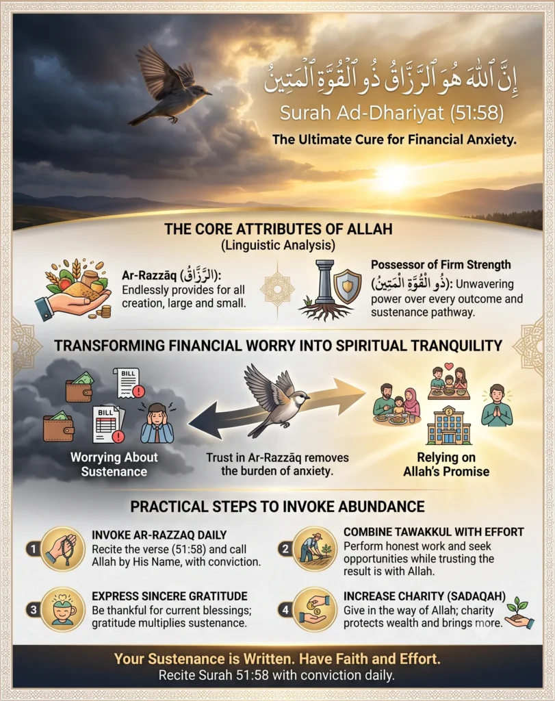 An Islamic infographic explaining the meaning of Innallaha huwarrozzaqu zul quwwatil mateen, detailing the core attributes of Allah as the Provider, and showing practical steps to overcome financial worry through Tawakkul.