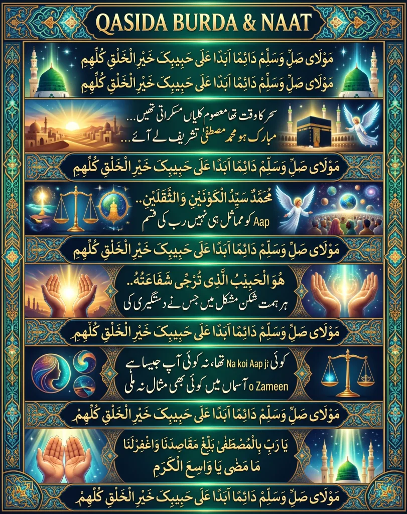 A detailed Islamic infographic displaying the full Mola Ya Sali Wa Salim and Qasida Burda naat lyrics in Urdu script, featuring thematic illustrations like the Kaaba, praying hands, and scales of justice.