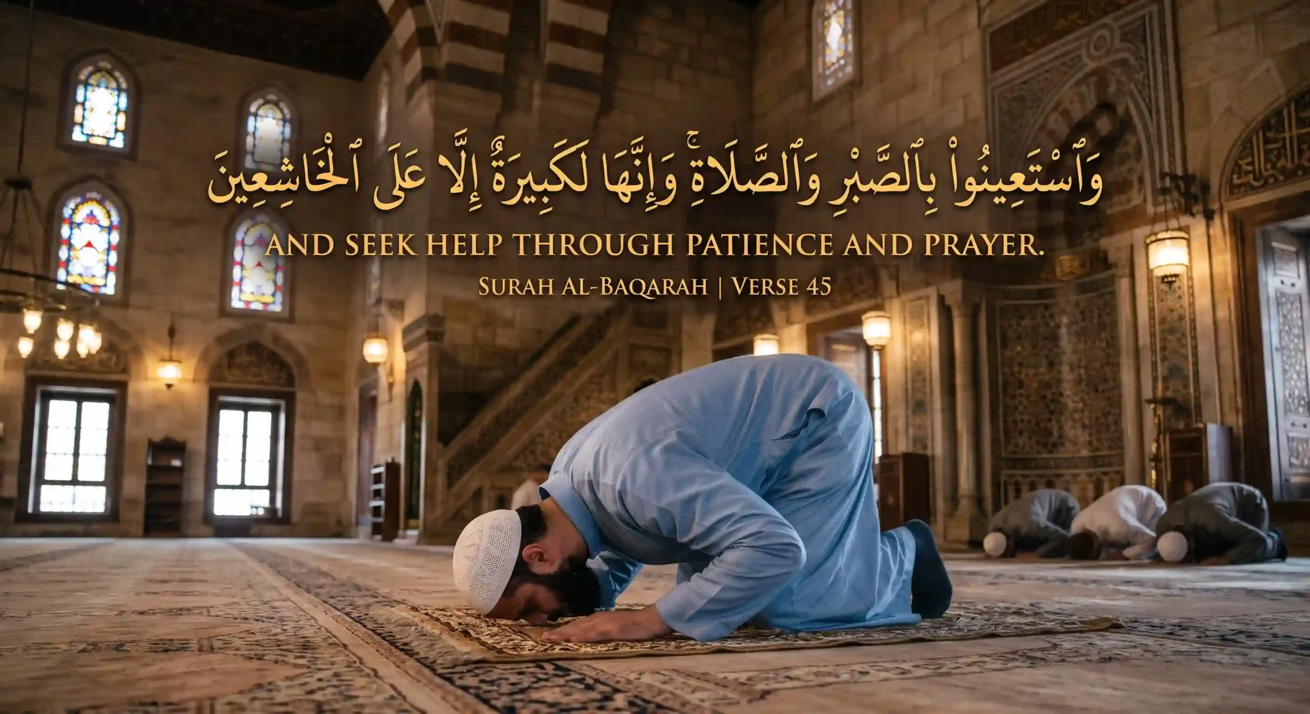 A serene, beautifully lit mosque interior photograph on patterned carpets with stone arches, stained-glass windows, and hanging lamps. In the foreground, a bearded Muslim man in a light blue thobe and white kufi is in Sujood (prostration) on a prayer rug. Three other men in Sujood are further back on other rugs. Large, golden Arabic calligraphy is centered over the men, rendering the full Quranic verse Surah Al-Baqarah, 2:45: 'وَاسْتَعِينُوا بِالصَّبْرِ وَالصَّلَاةِ ۚ وَإِنَّهَا لَكَبِيرَةٌ إِلَّا عَلَى الْخَاشِعِينَ'. Below the Arabic, golden English text reads: 'AND SEEK HELP THROUGH PATIENCE AND PRAYER.' Below that, the source is cited: 'SURAH AL-BAQARAH | VERSE 45'. Background features other seated worshipers and architectural details.