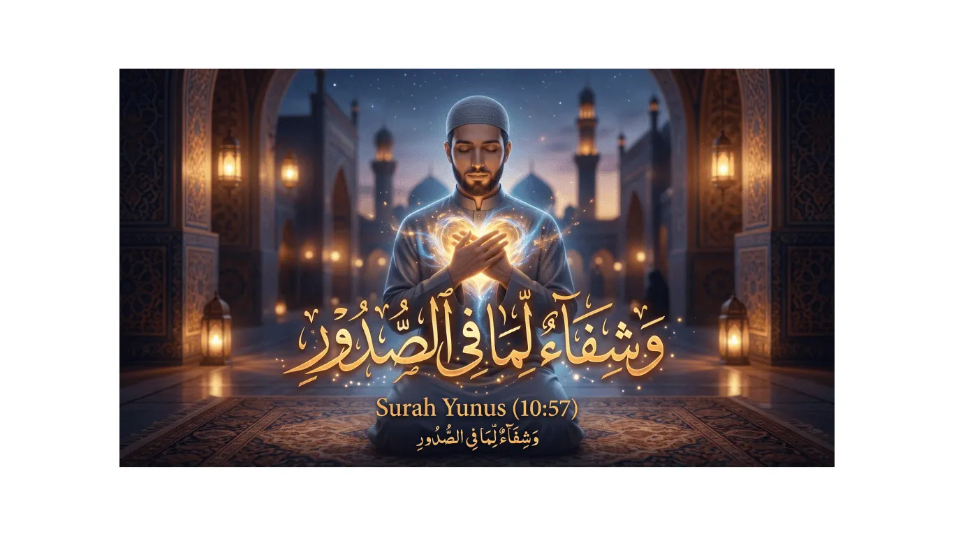 A close-up photograph of a kneeling Muslim man in a light grey thobe and patterned kufi, praying on a detailed rug within a magnificent, lantern-lit mosque at night. His hands are placed over his chest, which has a brilliant, radiant, heart-shaped aura of light and particles. Glowing golden Arabic calligraphy above him reads "و شفاء لما في الصدور" (And a healing for what is in the hearts). Below this, the text "Surah Yunus (10:57)" is clearly visible in golden font, with a second line of smaller Arabic text below it. The mosque interior is ornate with warm lights and architectural details. The image is framed by a clean white border.
