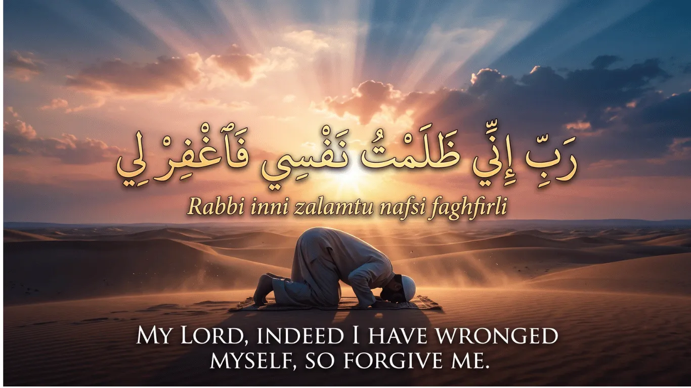 A full-width graphic featuring a Muslim man in Islamic prostration (Sujood) on a prayer mat, within a vast desert dune landscape at sunset. Prominently overlaid in golden script above him is the Arabic dua text: 'رَبِّ إِنِّي ظَلَمْتُ نَفْسِي فَاغْفِرْ لِي' (Quran, Surah Al-Qasas 28:16). Below the Arabic is its transliteration: 'Rabbi inni zalamtu nafsi faghfirli'. At the bottom, white English text reads: 'MY LORD, INDEED I HAVE WRONGED MYSELF, SO FORGIVE ME.' Dramatic sun rays burst through clouds.