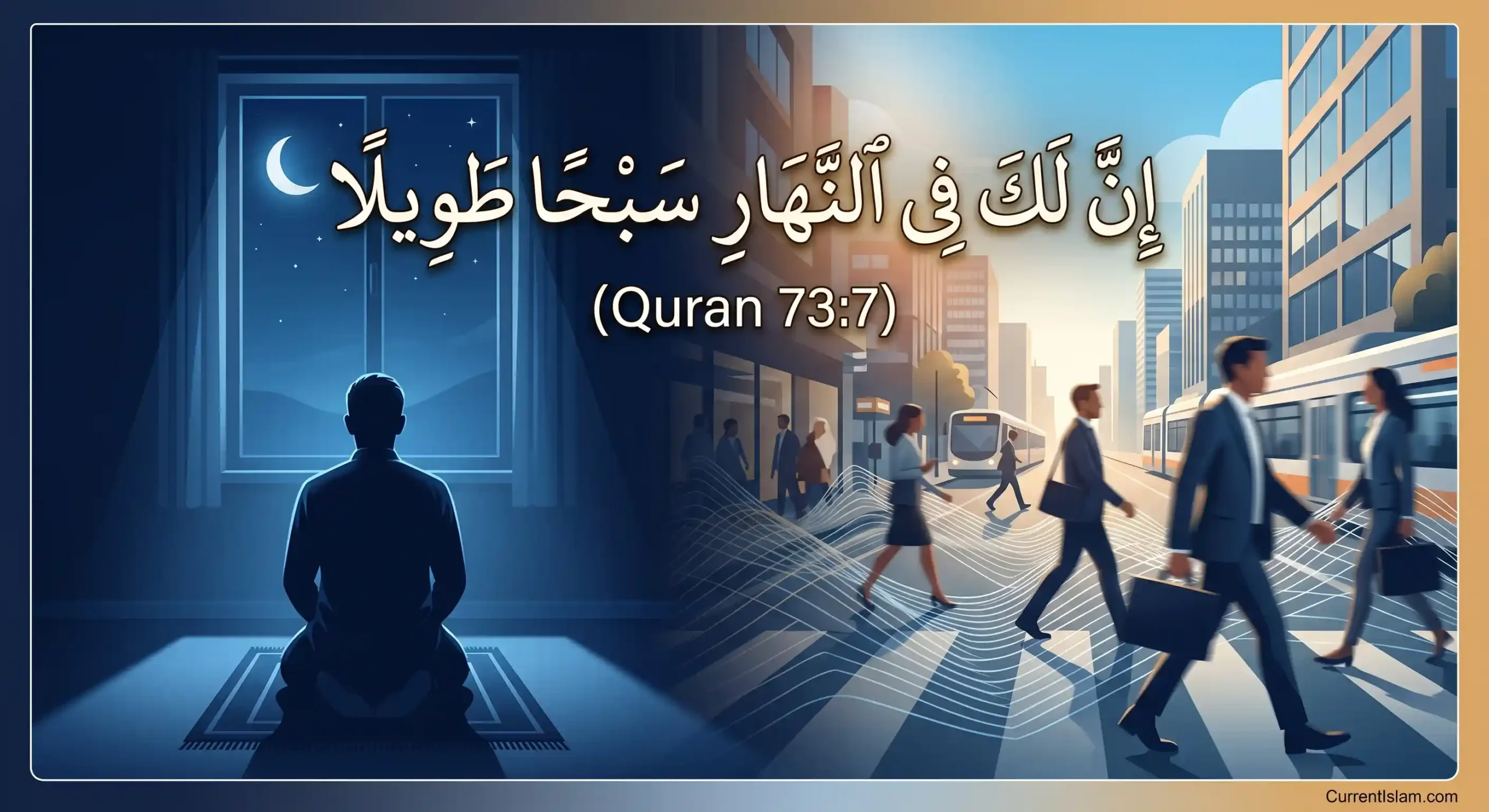 A Muslim man praying at night contrasted with busy professionals walking in a city during the day, representing the meaning of Surah Muzammil Ayat 7 (Quran 73:7).