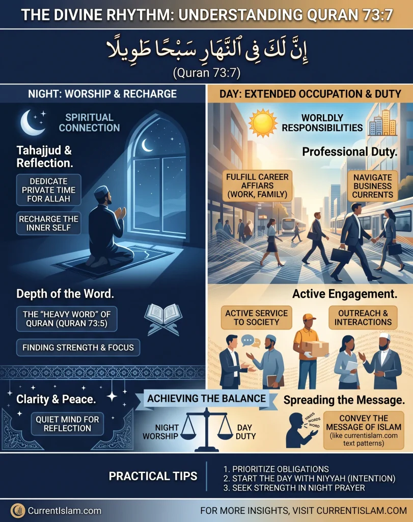 An informative infographic titled 'The Divine Rhythm: Understanding Quran 73:7', breaking down the contrast between night worship for spiritual connection and day extended occupation for worldly responsibilities, including practical tips.