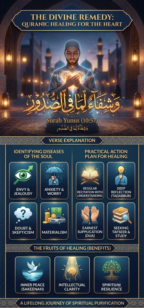 A comprehensive infographic titled "The Divine Remedy: Quranic Healing for the Heart", centered on a kneeling Muslim man with a glowing heart and the golden Arabic calligraphy "و شفاء لما في الصدور" (And a healing for what is in the hearts) with the text "Surah Yunus (10:57)". Below this, a section on "Identifying Diseases of the Soul" includes icons for Envy & Jealousy, Anxiety & Worry, Doubt & Skepticism, and Materialism. Next, a "Practical Action Plan for Healing" details Regular Recitation with Understanding, Deep Reflection (Tadabbur), Earnest Supplication (Dua), and Seeking Tafseer & Study. A final section, "The Fruits of Healing (Benefits)", displays Inner Peace (Sakeenah), Intellectual Clarity, and Spiritual Resilience. The bottom features the tagline "A Lifelong Journey of Spiritual Purification". The background is a detailed mosque with lanterns.