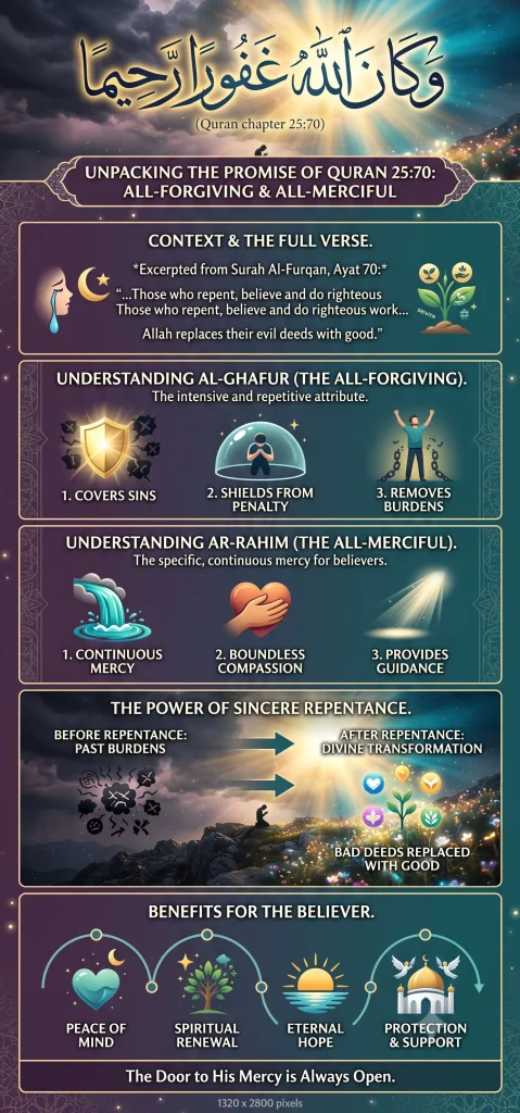 Infographic explaining the meaning of Wakanallahu Gafurun Rahima from Surah Al-Furqan Ayat 70, detailing the divine attributes of Al-Ghafur and Ar-Rahim, the power of sincere repentance, and the spiritual benefits for believers.