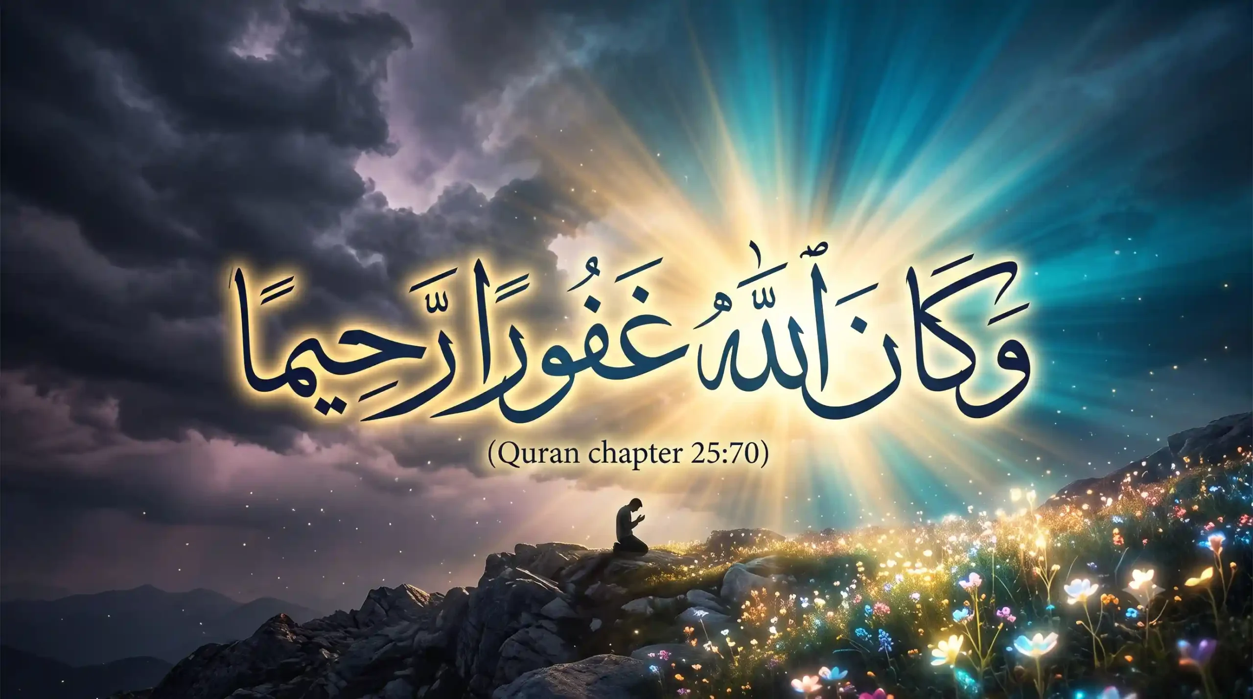 Arabic calligraphy of Wakanallahu Gafurun Rahima from Surah Al Furqan Ayat 70 glowing in the sky above a person praying on a rocky mountain.