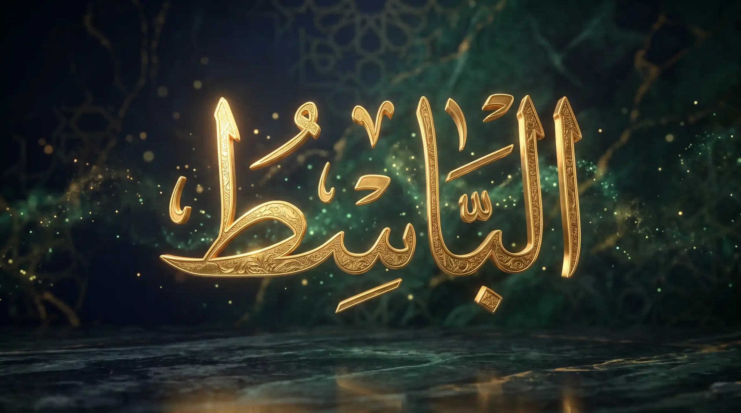 3D golden Arabic calligraphy of the divine name Al-Basit (Ya Basitu) against a cinematic emerald green and dark navy blue background.