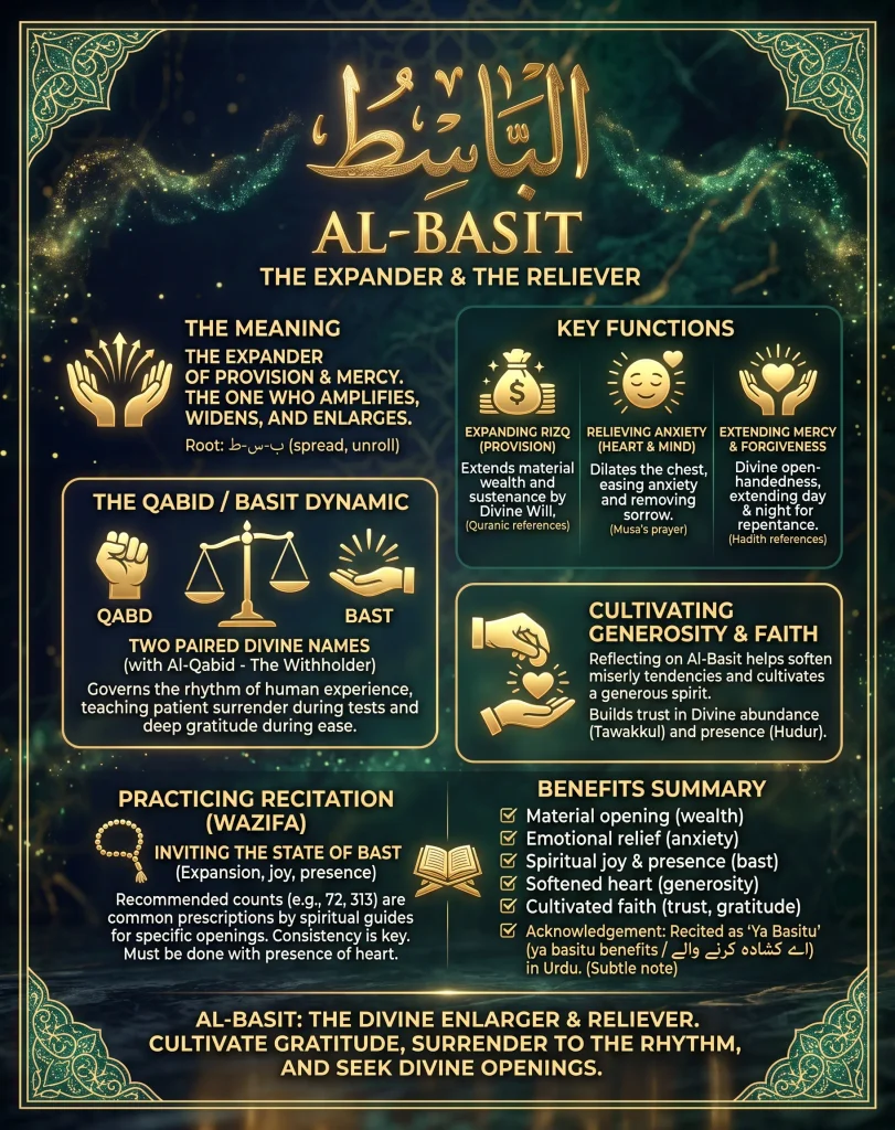 A detailed infographic explaining the meaning of Ya Basitu (Al-Basit), the Qabid and Basit dynamic, and the spiritual benefits of its daily wazifa for increasing rizq and relieving anxiety.