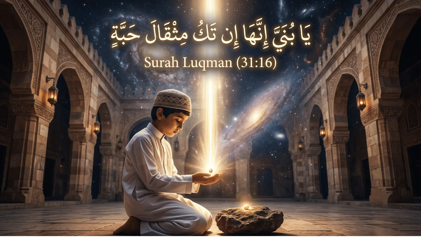 A young Muslim boy kneeling in a courtyard holding a glowing mustard seed, illustrating Surah Luqman verse 16 (Ya bunayya innaha), set against a cosmic night sky with 3D Arabic calligraphy.