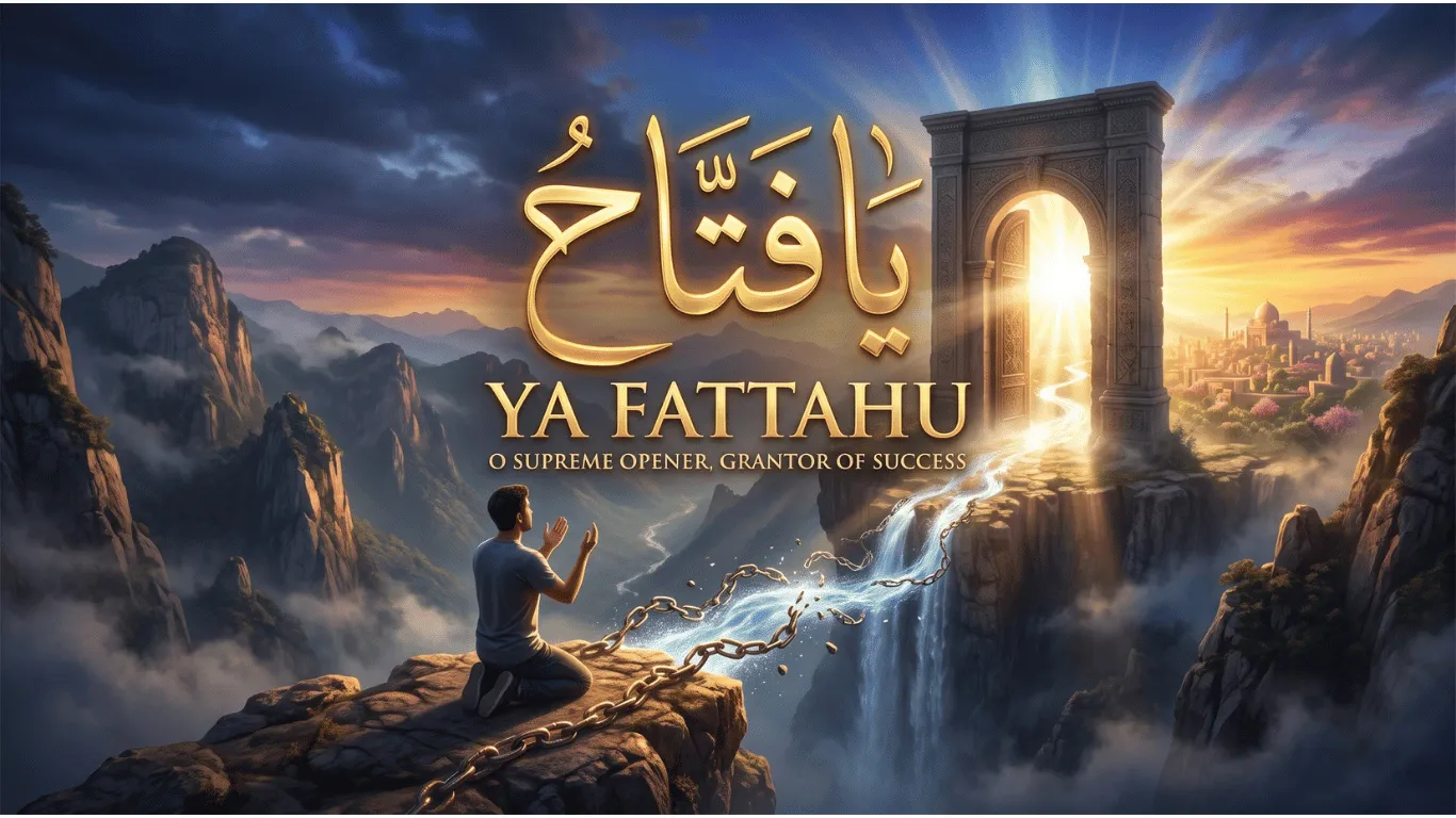 Digital illustration of a Muslim man making dua on a mountain cliff, facing a glowing open archway representing divine success. Broken chains lie before him, symbolizing the removal of hardship. The sky prominently displays 3D golden Arabic calligraphy of 'يَـا فَتَّـاحُ' centered above the English text 'YA FATTAHU: O SUPREME OPENER, GRANTOR OF SUCCESS', visually mapping the Islamic wazifa of Al-Fattah to concepts of breakthrough and relief.