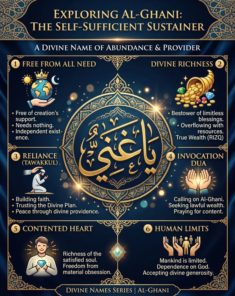 Infographic explaining the meaning of Al-Ghani (The Self-Sufficient), detailing 6 key spiritual benefits including Divine Richness, Tawakkul, and the invocation dua for lawful wealth.