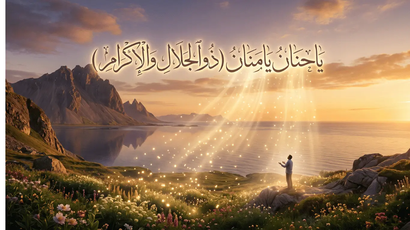 A tranquil digital illustration of a believer making Islamic supplication (dua) on a flower-filled coastal cliff. Above him, the glowing Arabic calligraphy of the divine names 'Ya Hannan Ya Mannan Zuljalal Walikram' radiates golden light beams from a majestic sunrise sky, symbolizing divine mercy, inner peace, and the acceptance of prayers.