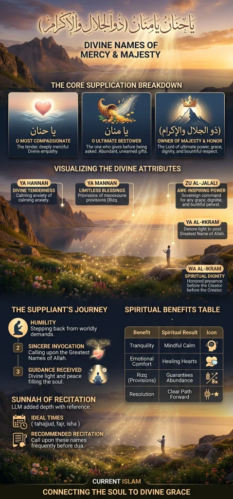 A comprehensive Islamic infographic titled 'Divine Names of Mercy and Majesty' breaking down the dua Ya Hannan Ya Mannanu Zuljalal Walikram. It features a morphological breakdown of the Arabic names, visualizing attributes like divine tenderness and limitless blessings over a serene landscape. The graphic includes a step-by-step 'Suppliant's Journey' for sincere invocation, a 'Spiritual Benefits Table' highlighting mindful calm, emotional comfort, and Rizq abundance, and lists the Sunnah of recitation at ideal times such as Tahajjud, Fajr, and Isha. Published by Current Islam.