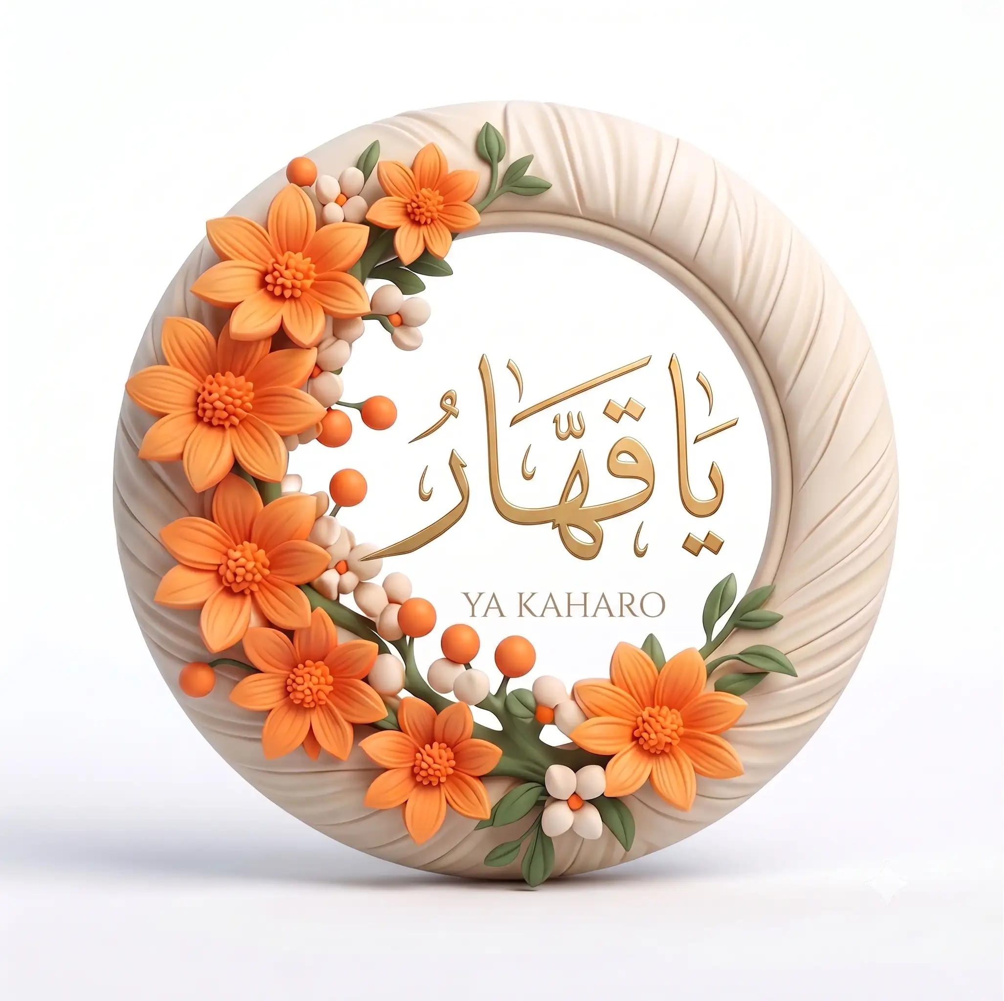 3D golden Arabic calligraphy of the divine name Ya Kaharo (Al-Qahhar) centered inside a circular beige frame adorned with sculpted orange flowers, berries, and green leaves on a white background.