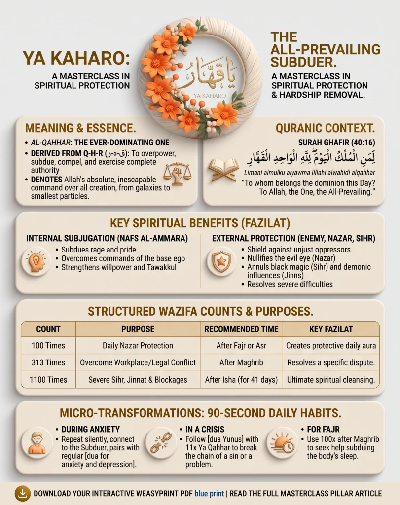 Infographic detailing the Ya Kaharo wazifa, featuring its meaning as The All-Prevailing Subduer, Quranic context from Surah Ghafir 40:16, internal and external spiritual benefits, and structured recitation counts of 100, 313, and 1100 times for daily protection.