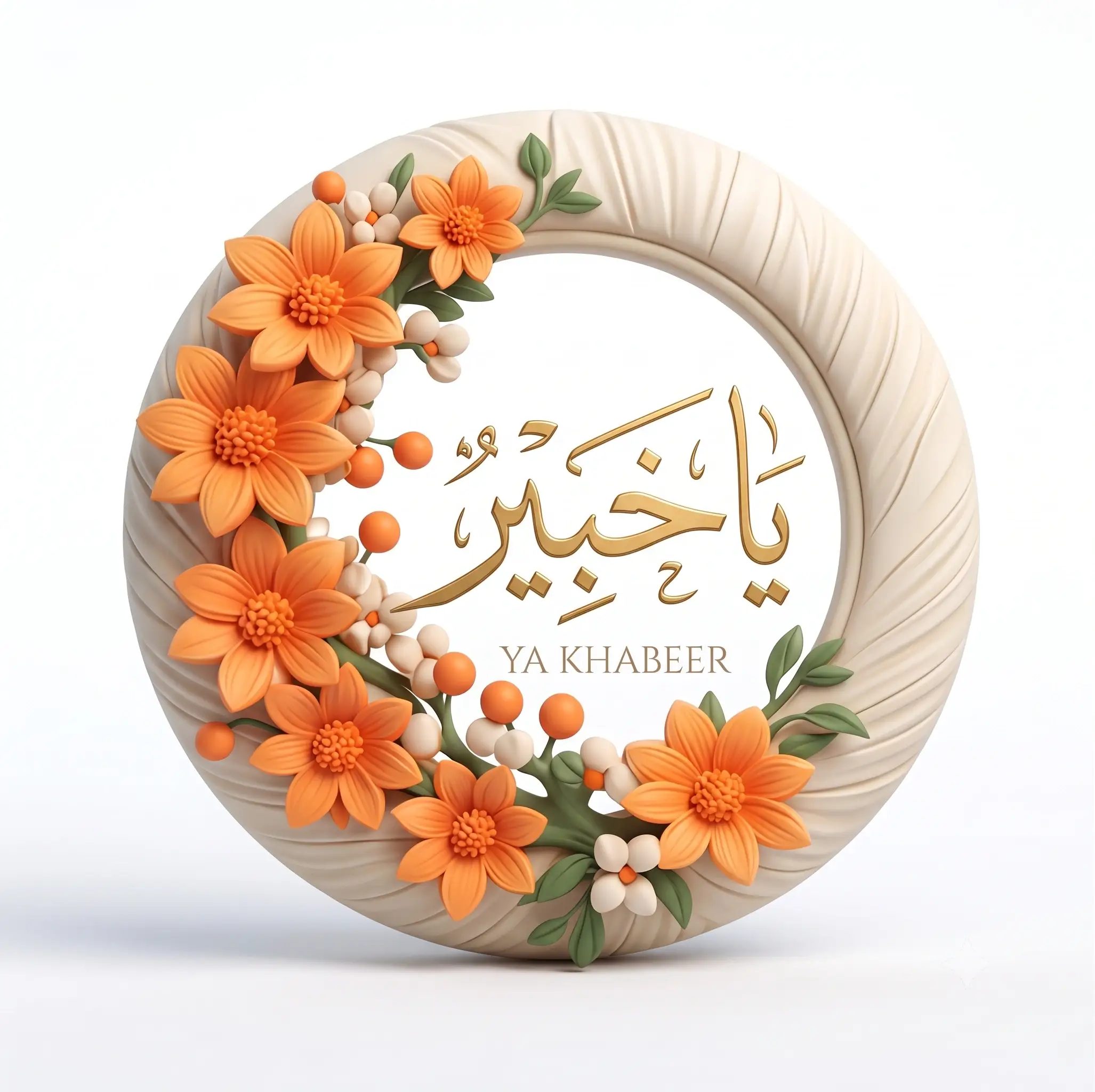 A 3D relief emblem representing the Islamic Asma ul Husna featuring the Divine Name "Ya Khabeer" (The All-Aware). The center displays elegant 3D golden typography in Thuluth script Arabic calligraphy, with the English transliteration "YA KHABEER" below. The text is framed by a textured cream ring, asymmetrically adorned on the left and bottom edges with sculpted orange cosmos flowers, green leaves, and white botanical beads against a pure white background.