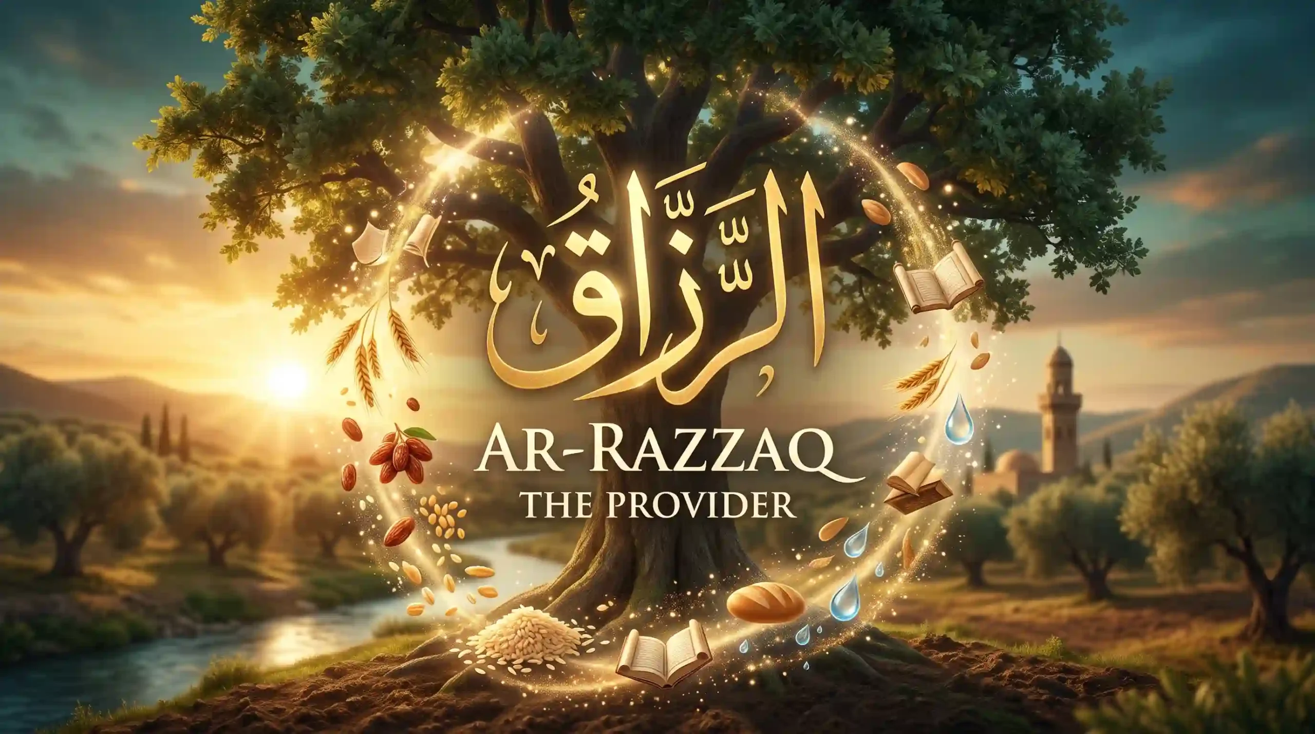 Golden Arabic calligraphy of Ar-Razzaq (The Total Provider), one of the 99 Names of Allah (Asma ul Husna), illuminated against a majestic tree at sunrise. The divine name is encircled by glowing symbols of both physical and spiritual sustenance (Rizq)—including wheat, dates, bread, water droplets, and open books—with a tranquil river and a distant mosque in the background.