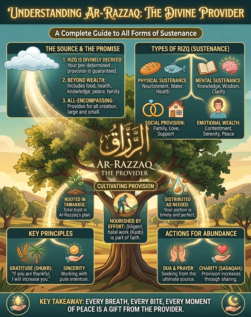 Educational infographic titled 'Understanding Ar-Razzaq: The Divine Provider', detailing a complete guide to all forms of sustenance. The graphic centers on a majestic tree featuring the Arabic calligraphy for Ar-Razzaq. It categorizes 'Types of Rizq' into Physical, Mental, Social, and Emotional wealth. It outlines how to cultivate provision through Tawakkul (absolute trust) and diligent Halal work (Kasb). Lower sections highlight 'Key Principles' like Gratitude (Shukr) and Sincerity, alongside 'Actions for Abundance' such as Dua (prayer) and Sadaqah (charity), concluding that every moment of peace is a divine gift.