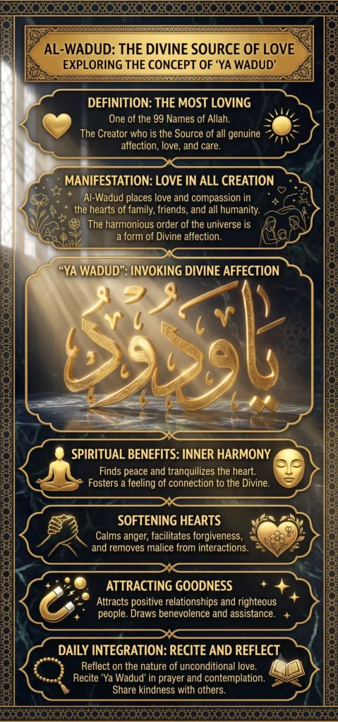 A comprehensive vertical infographic guide explaining the Islamic theological concept of "Ya Wadudu" (Al-Wadud), one of the 99 Names of Allah. The structured data visualizes its definition as "The Divine Source of Love," manifestations in creation, and specific spiritual benefits including "Inner Harmony," "Softening Hearts," and "Attracting Goodness." The center node features prominent 3D golden Arabic calligraphy of Ya Wadudu, followed by actionable steps for daily wazifa integration such as recitation and reflection, all set against a dark green marble and gold UI design.