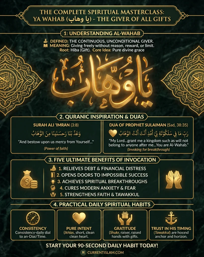 A detailed infographic titled 'The Complete Spiritual Masterclass: Ya Wahab (یا وهاب) - THE GIVER OF ALL GIFTS' from CurrentIslam.COM, set against a dark green and gold background. The infographic is structured into four numbered vertical sections with illustrative golden icons and text. Section 1: UNDERSTANDING AL-WAHAB defines Al-Wahab as the continuous, unconditional giver, featuring large golden Arabic calligraphy below. Section 2: QURANIC INSPIRATION & DUAS features specific Quranic verses and prayers: Surah Ali 'Imran (3:8) emphasizing the 'Power of faith', and the Dua of Prophet Sulaiman from Surah Sad (38:35) for 'Invoking for breakthrough'. Section 3 lists 'FIVE ULTIMATE BENEFITS OF INVOCATION' with golden icons for relieving debt, impossible success, spiritual breakthroughs, curing anxiety, and strengthening Tawakkul. Section 4 details 'PRACTICAL DAILY SPIRITUAL HABITS' with icons and labels for Consistency, Pure Intent (Ikhlas), Gratitude (Shukr), and Trust in His Timing (Tawakkul). The footer encourages starting a 90-second daily habit above the CurrentIslam.COM website link.