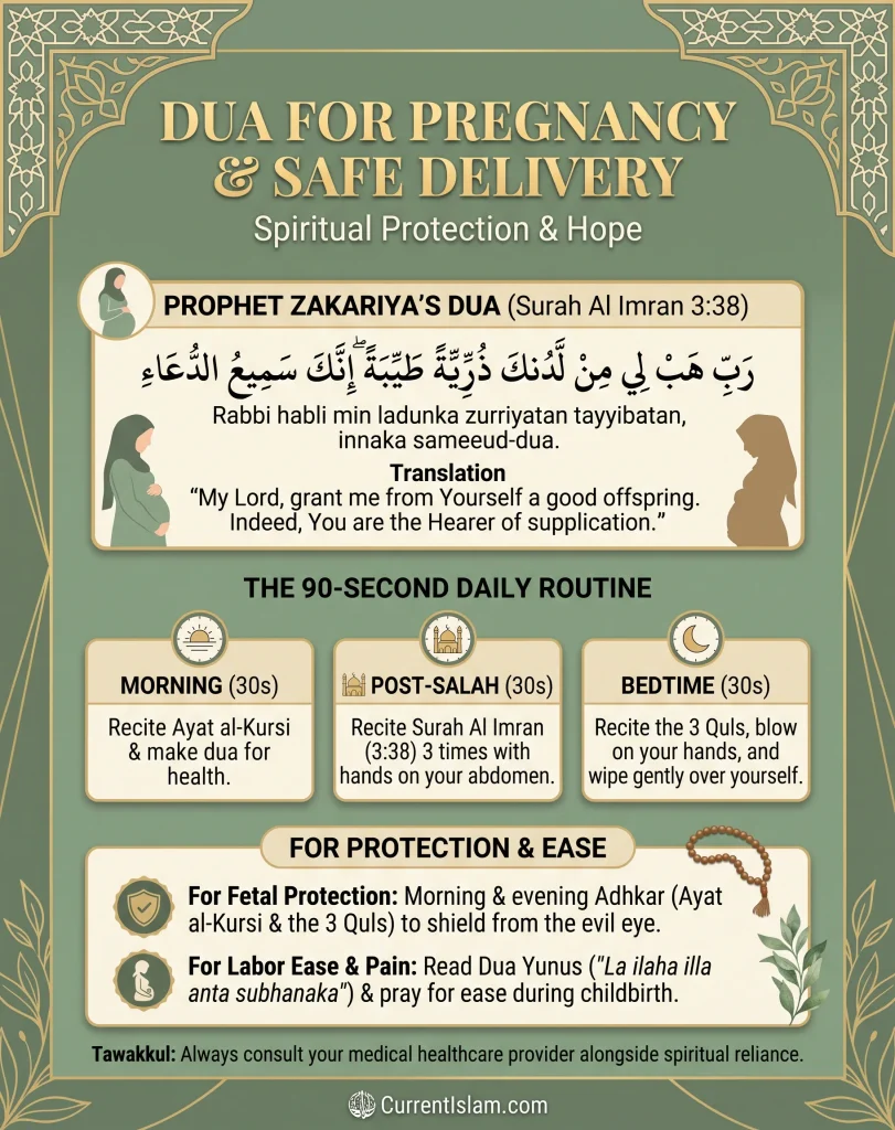 Vertical infographic detailing a 90-second daily Islamic routine for expectant mothers, featuring the Arabic and English translation of Prophet Zakariya's dua, alongside instructions for morning and bedtime protective Adhkar.