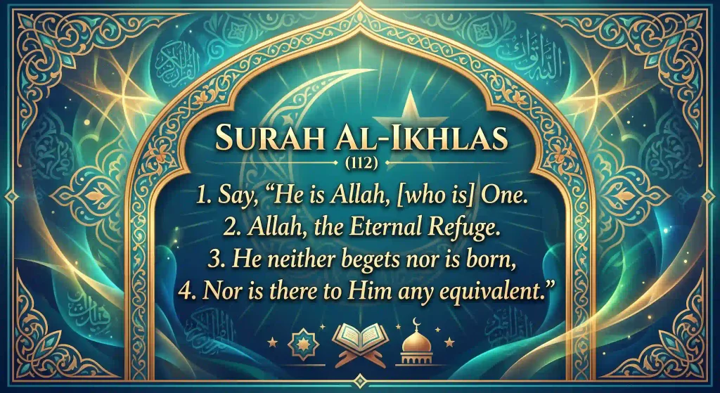 An ornate teal and gold Islamic graphic displaying the English translation of Surah Al-Ikhlas (112) inside an illuminated arched frame. The text lists all four verses, beginning with "Say, 'He is Allah, [who is] One," and is decorated with crescent moons, stars, an open Quran, and a mosque silhouette at the bottom.