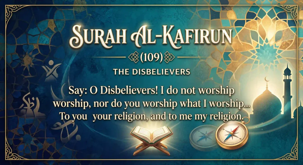 An ornate teal and gold Islamic graphic displaying the English translation of Surah Al-Kafirun (109), subtitled 'The Disbelievers'. The design features an illuminated open Quran on a stand, a compass, and a mosque silhouette alongside the translated verses.