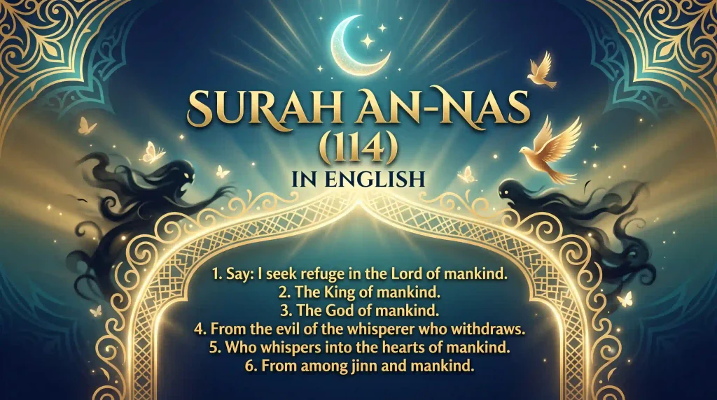 A visually striking Islamic graphic displaying the English translation of Surah An-Nas (114) inside an illuminated golden arch. The design features a glowing crescent moon, flying doves, and shadowy figures on the sides representing the evil whisperers mentioned in the text, alongside the six translated verses.
