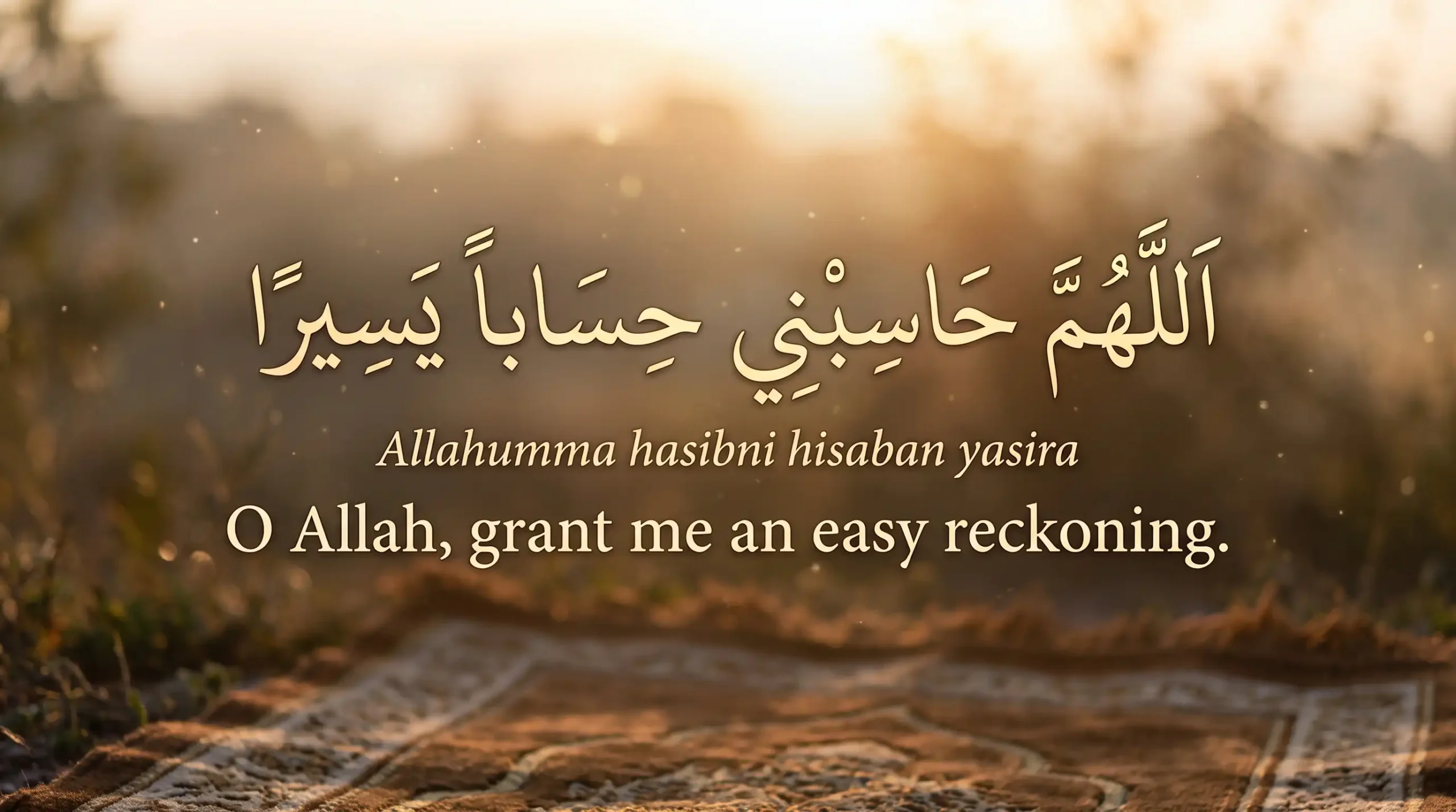 Arabic text of the dua Allahumma hasibni hisaban yasira with English transliteration and translation, displayed over a serene sunrise and Islamic prayer mat.