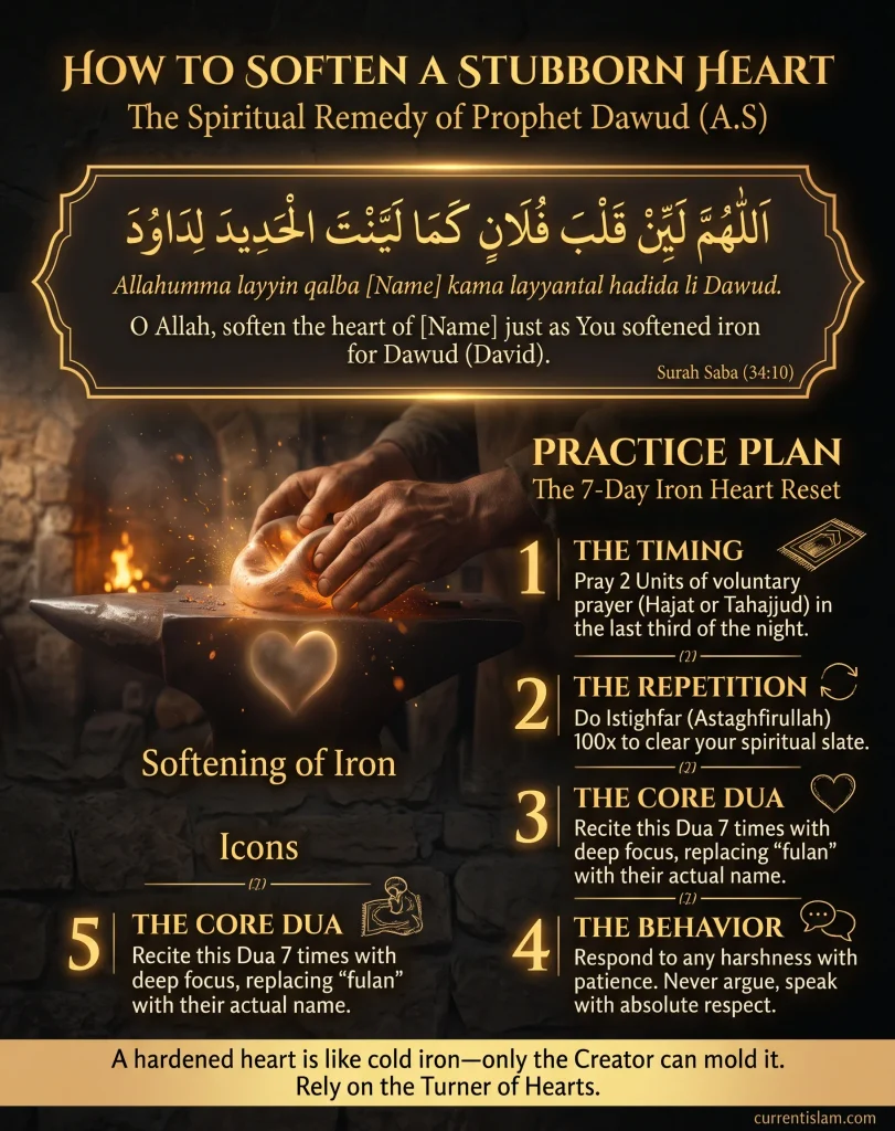 Infographic titled "How to Soften a Stubborn Heart" featuring the Arabic text and English translation for the Allahumma layyin qalbi fulan dua. It illustrates a blacksmith shaping glowing metal and outlines a 4-step "7-Day Iron Heart Reset" practice plan including timing, repetition, core dua recitation, and behavior.