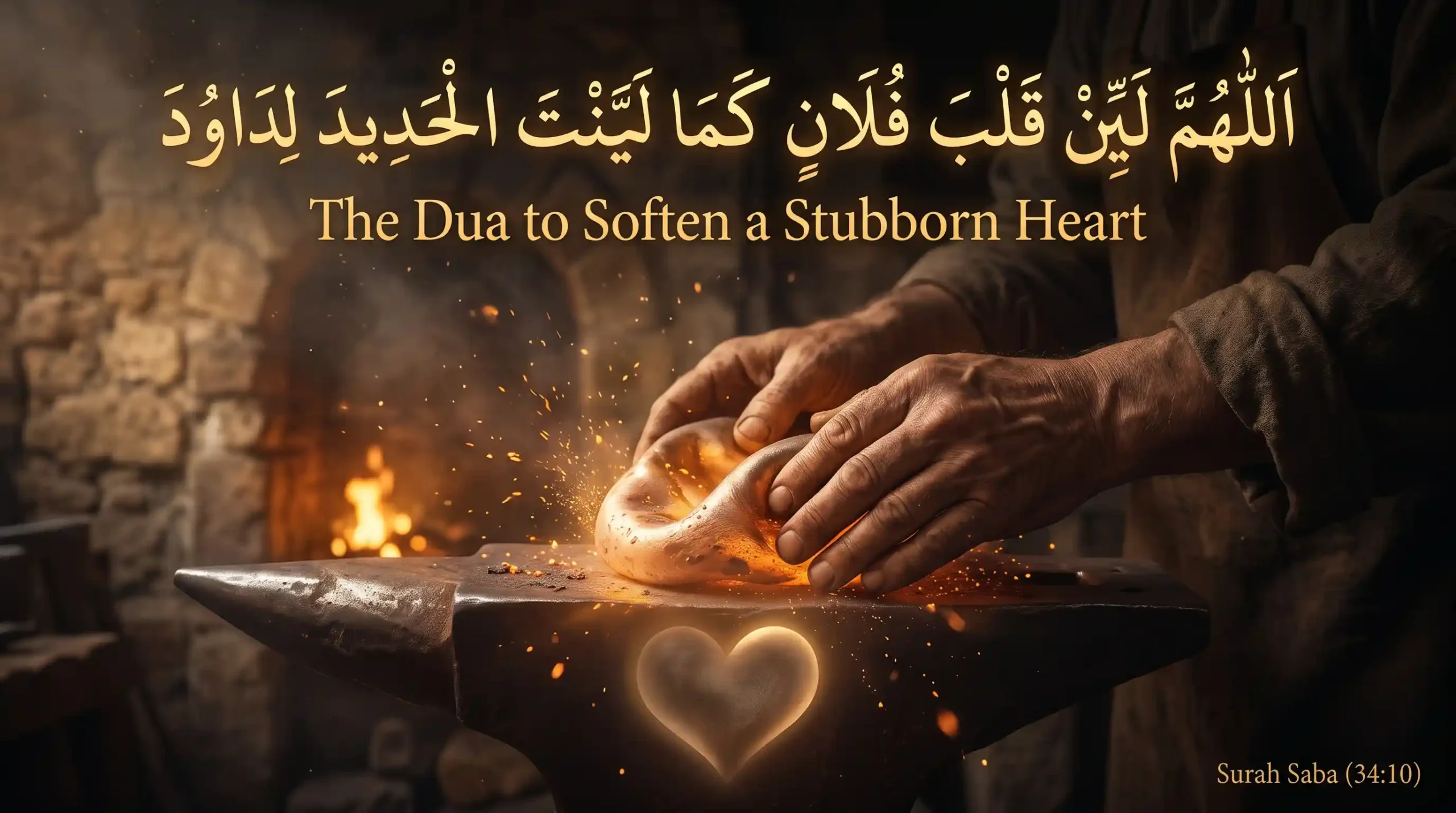 Cinematic illustration of a blacksmith shaping glowing metal on an anvil with the Arabic dua "اللَّهُمَّ لَيِّنْ قَلْبَ فُلَانٍ كَمَا لَيَّنْتَ الْحَدِيدَ لِدَاوُدَ" (The Dua to Soften a Stubborn Heart) and reference Surah Saba 34:10.