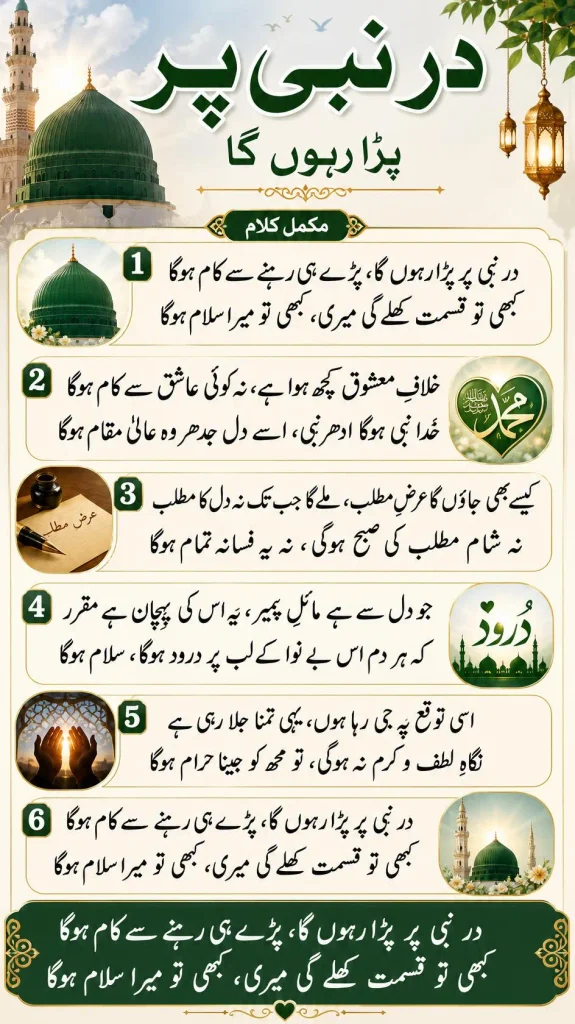 A 6-panel vertical infographic displaying the complete Urdu script lyrics for the Naat 'Dar e Nabi Par Para Rahoonga', accompanied by thematic Islamic icons including the Green Dome, praying hands, and Durood calligraphy.