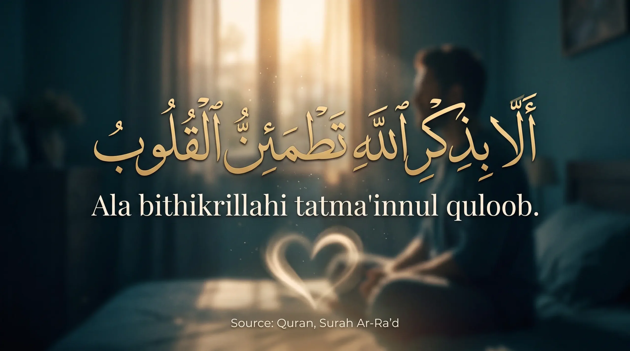 Arabic calligraphy and English transliteration of Ala bithikrillahi tatma'innul quloob from Surah Ar-Ra'd, serving as a comforting dua for a restless heart.