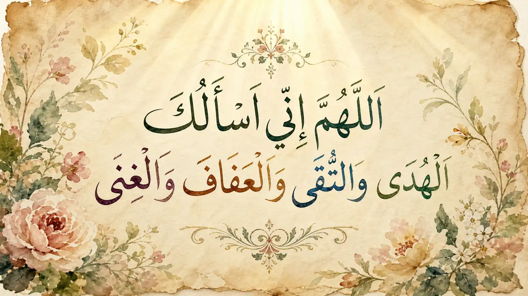 Arabic calligraphy of the prophetic dua from Sahih Muslim 2721 asking Allah for guidance, piety, chastity, and self-sufficiency, written on vintage parchment with watercolor floral borders.
