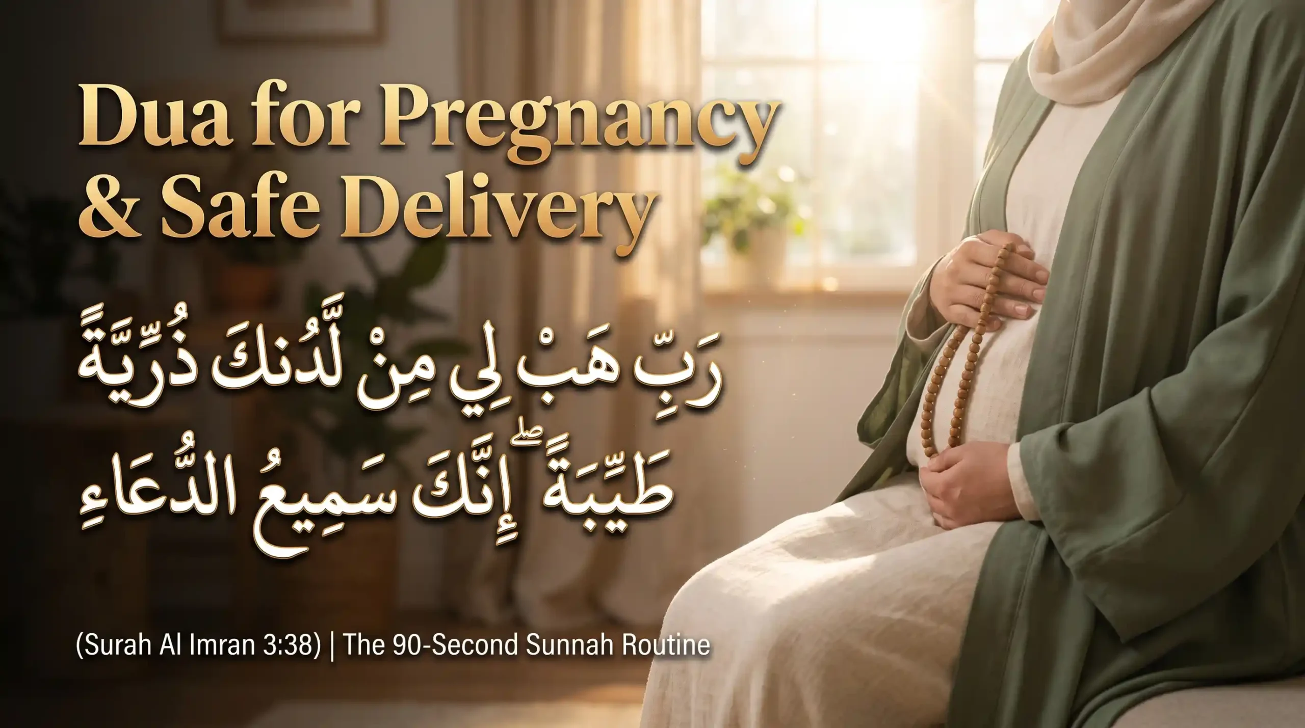 A pregnant Muslim mother holding wooden prayer beads over her belly, overlaid with the Arabic text for Prophet Zakariya's pregnancy dua from Surah Al Imran 3:38.