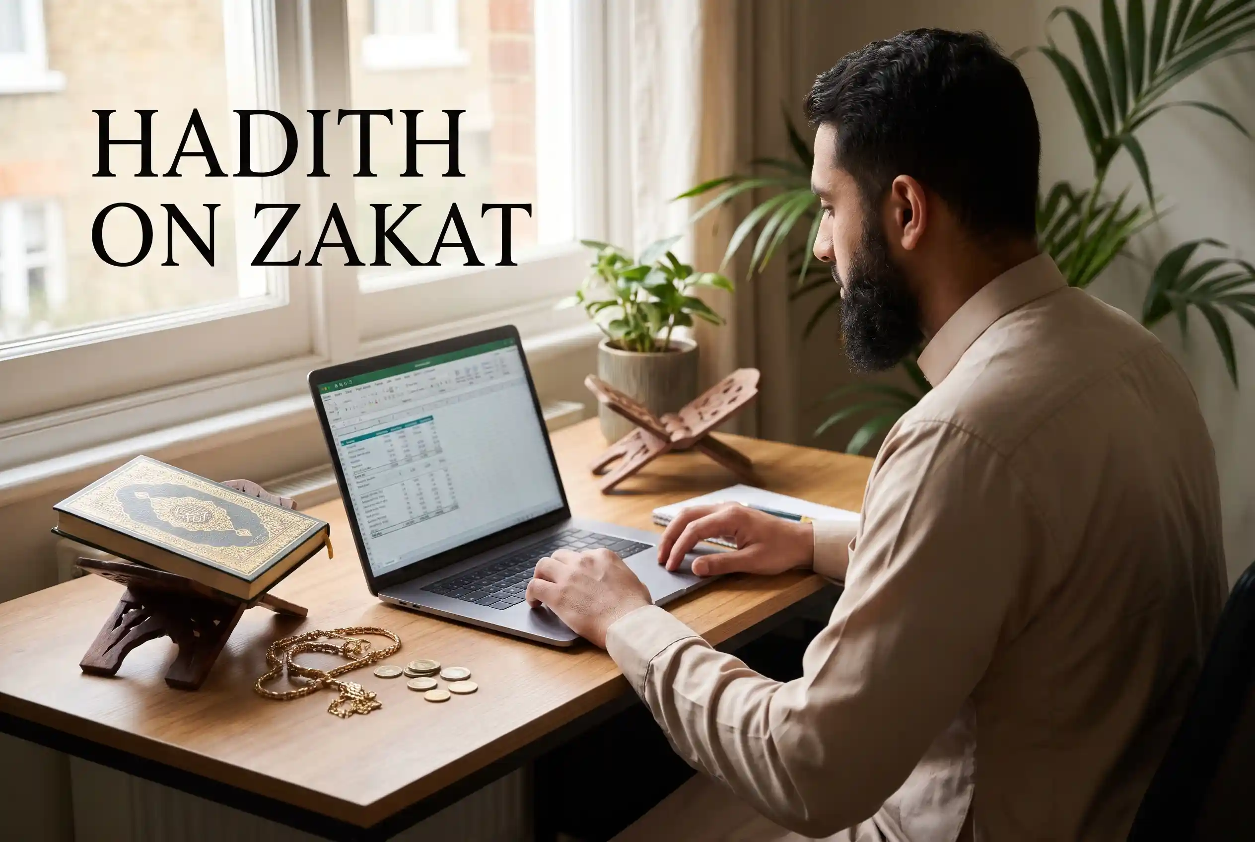 A British-Muslim man at a desk in a home office calculating Zakat on a laptop, with a Quran, gold jewelry, and coins, featuring the title "HADITH ON ZAKAT".