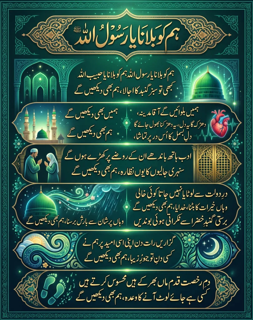 A detailed, dark green infographic displaying the Urdu lyrics of 'Hum Ko Bulana Ya Rasool Allah' inside decorative golden panels, accompanied by visual elements including the Green Dome of Madinah, a glowing heart, praying figures, the moon, and footprints.