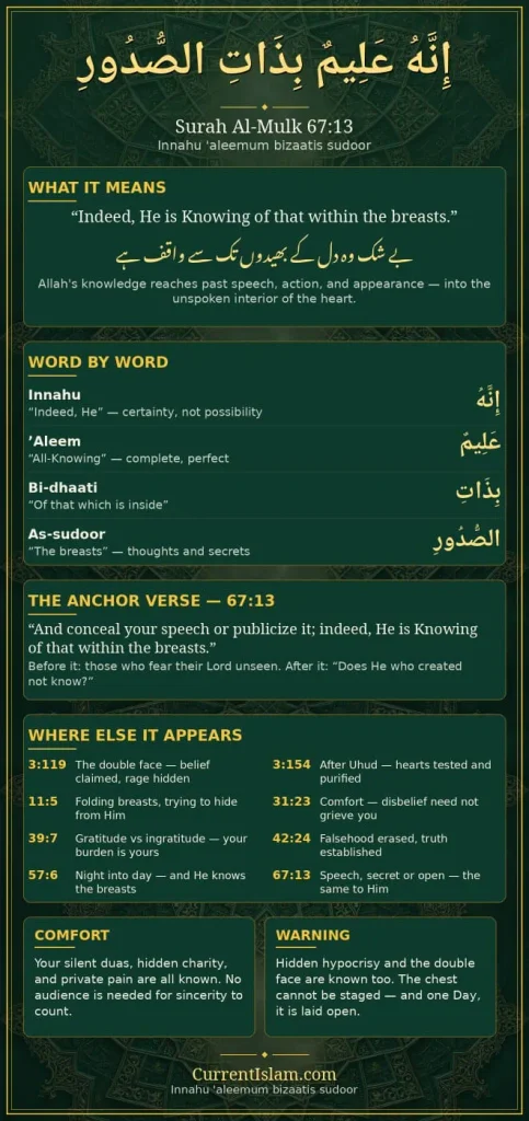 A detailed vertical infographic for Surah Al-Mulk 67:13 reading "Innahu 'aleemum bizaatis sudoor" in Arabic, featuring English and Urdu translations, a word-by-word breakdown, Quranic cross-references, and spiritual reflections on comfort and warning, created by CurrentIslam.com.