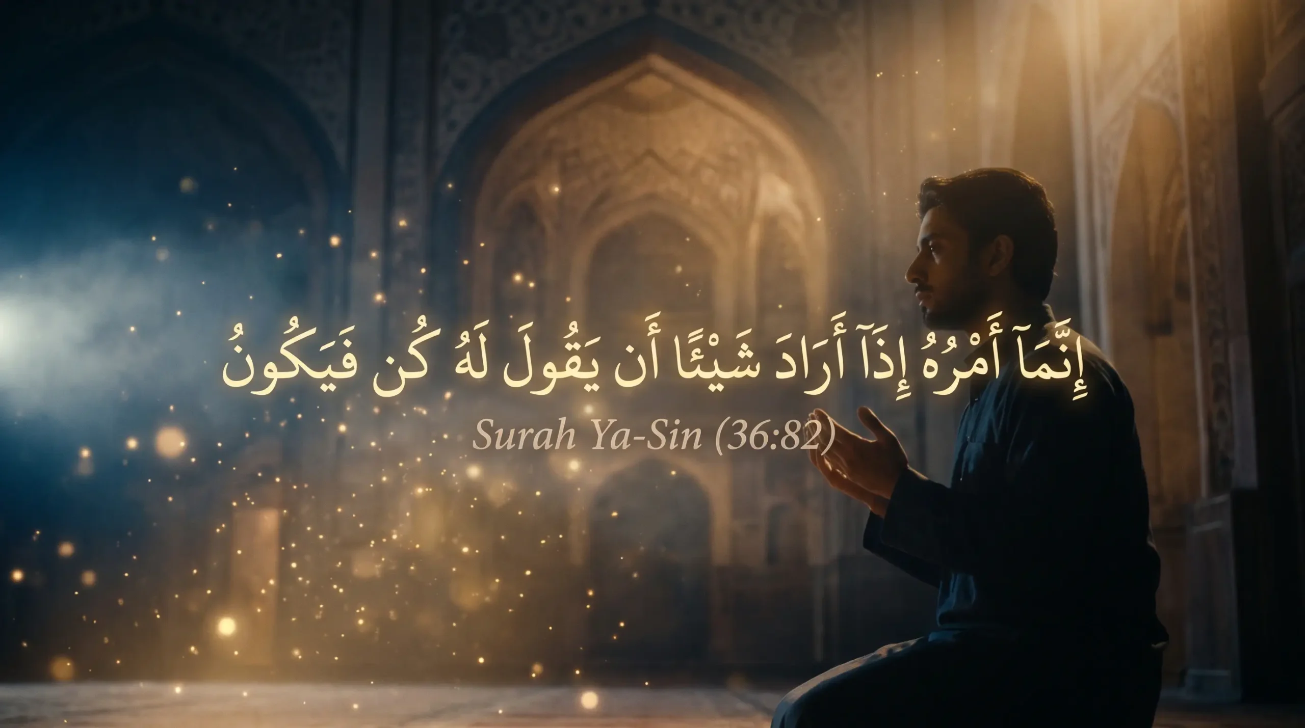 Muslim man making dua in a warmly lit mosque with the glowing Arabic text of Innama amruhu iza arada, Surah Ya-Sin verse 36:82.