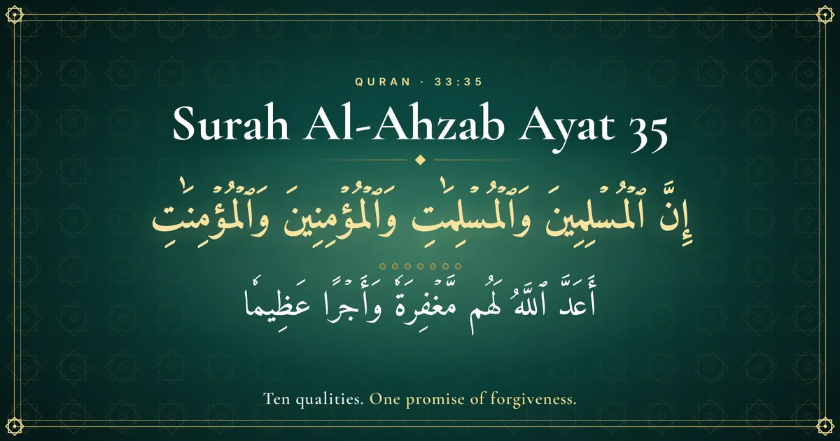 Arabic text of Surah Al-Ahzab Ayat 35 on a dark green geometric background, featuring the Quran 33:35 text and the English phrase "Ten qualities. One promise of forgiveness."