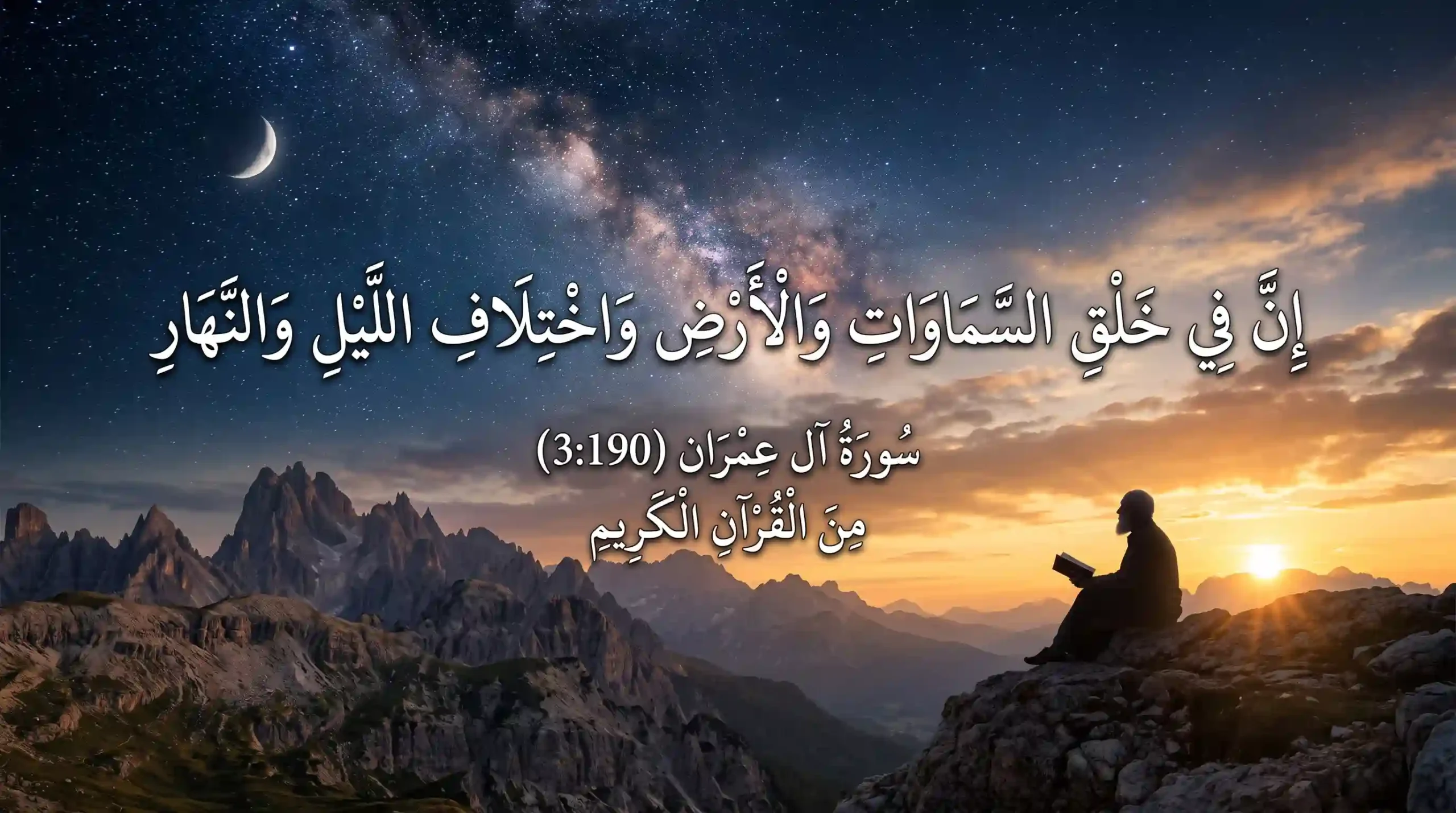 A man sits in contemplation on a mountain peak at twilight, holding a book, under a crescent moon. Above him, prominent white Arabic calligraphy displays Surah Ali 'Imran verse 190 (3:190), from the Holy Quran, which speaks about the creation of the heavens and the earth and the alternation of the night and the day.
