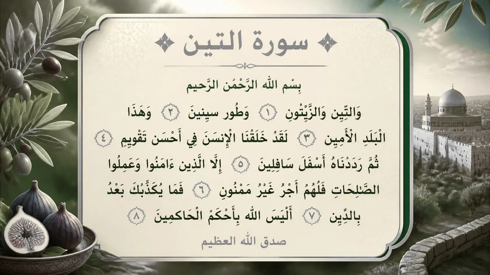Complete Arabic text of Surah At-Tin (Chapter 95) featuring eight verses, bordered by fresh figs, olive branches, and a view of Jerusalem.