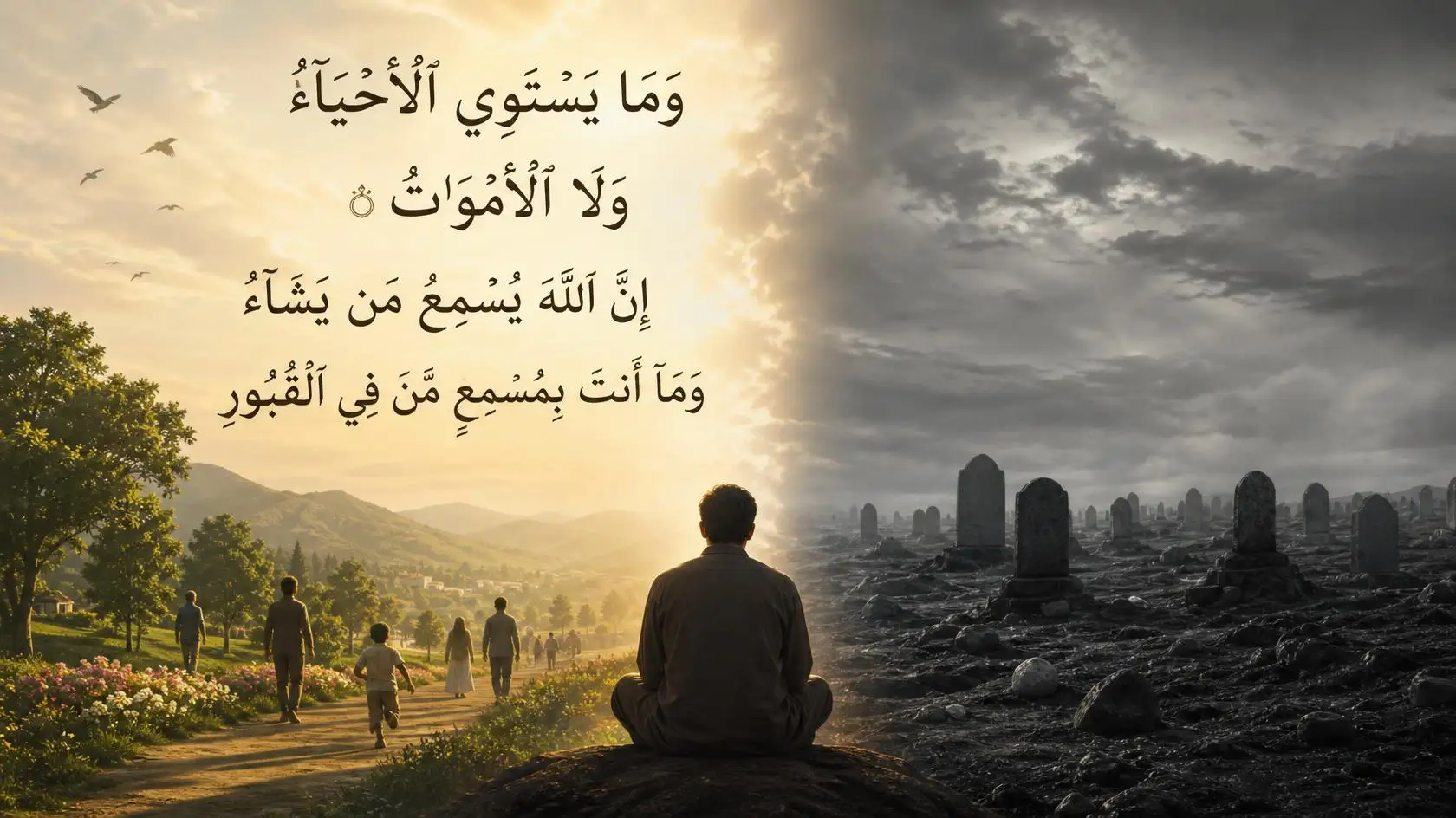 The exact Arabic text of Surah Fatir ayat 22 overlaid on a split landscape illustrating a bright, vibrant path of the living on the left and a dark, desolate graveyard on the right.